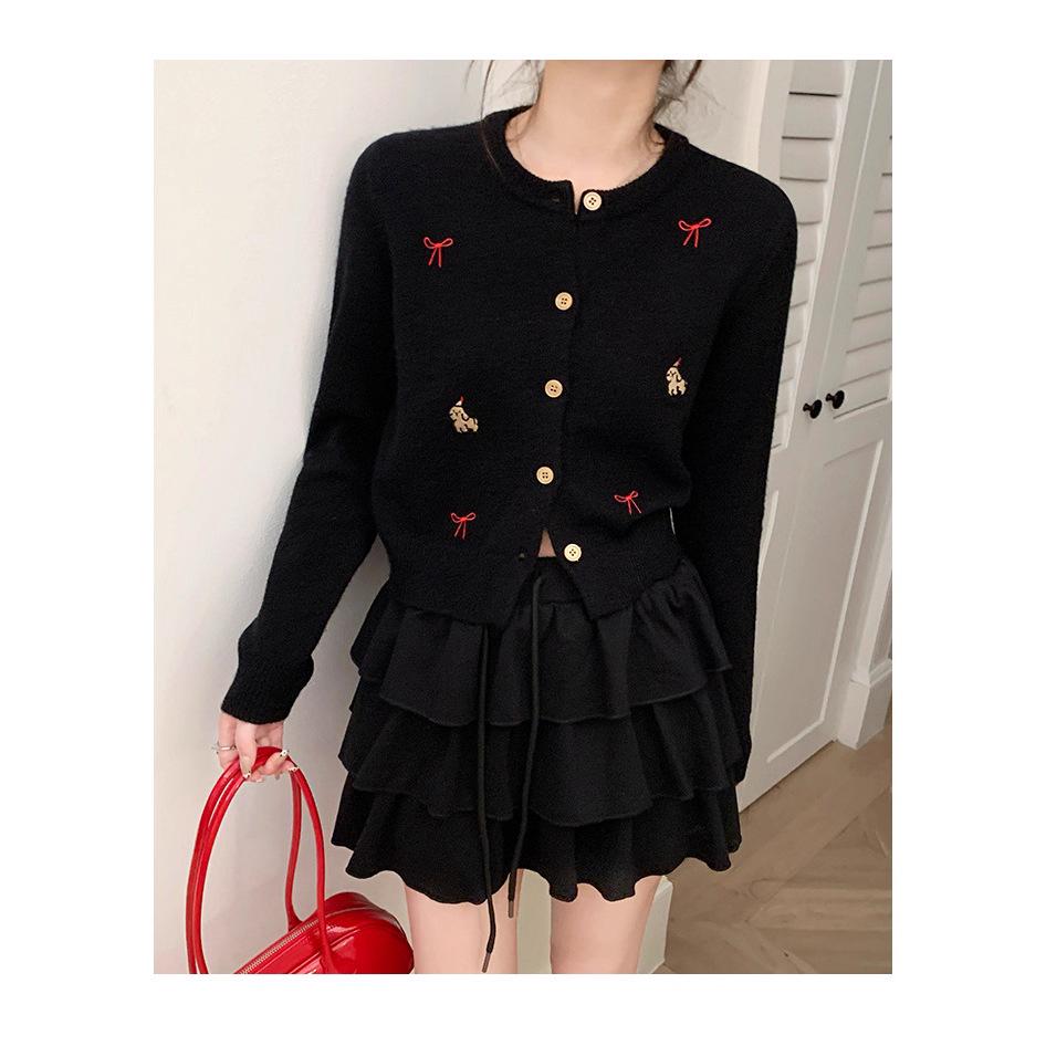 Korean Bow Embroidered Knitted Cardigan - Sweet Autumn/Winter Short Sweater for Women