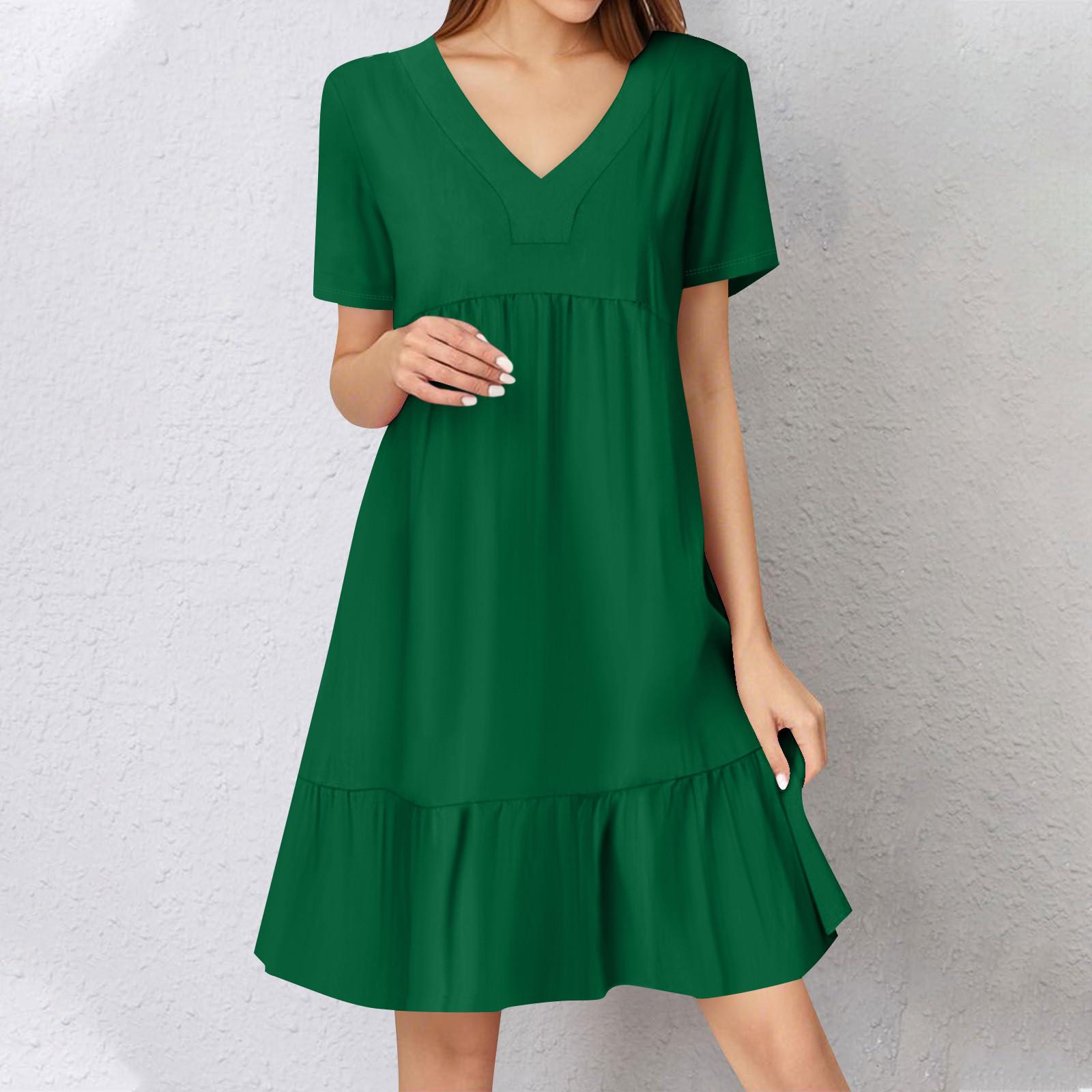 

Womens Summer Dress Short Sleeve V Neck Short Dresses Fashion Casual Flowy Boho Ruffle A Line Swing Sundress XL зелений