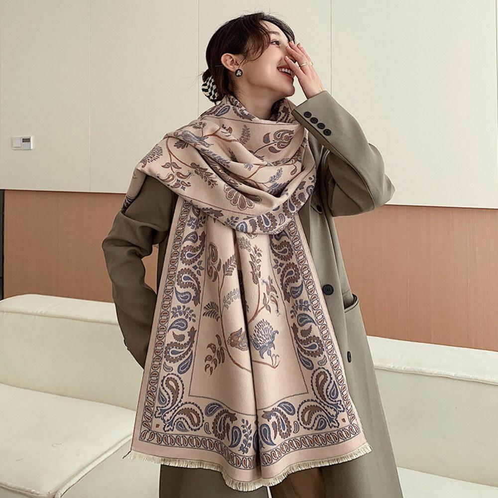 Flower Printed Scarf Bird Large Shawl Retro Cashmere Tassel Scarves Student