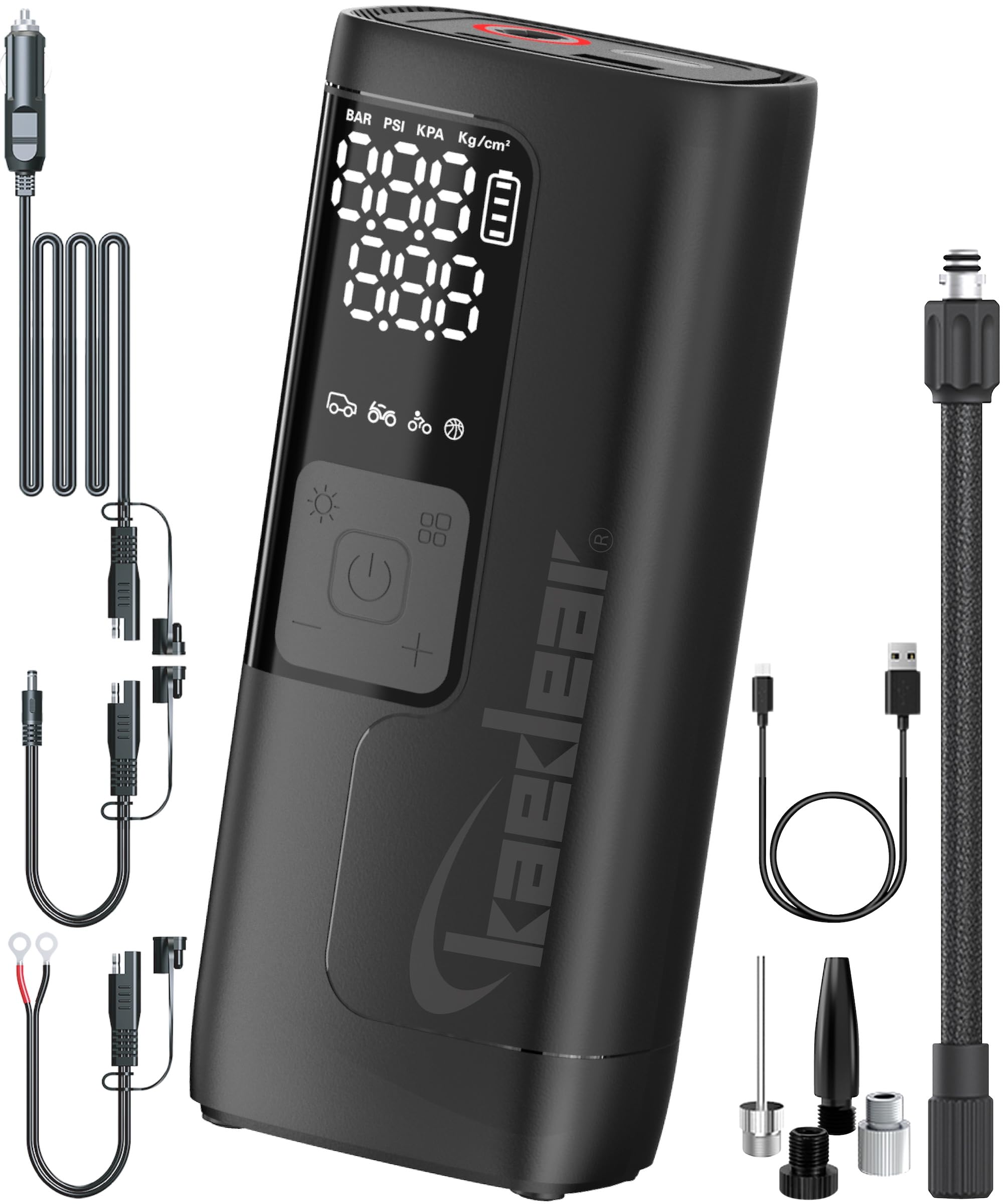 

Kaedear Hybrid Mobile Compressor KDR-AP4, Dual Power (Battery & 12V), 24 L/min 150 PSI Tire Inflator with LED/USB for Car, Motorcycle & Bicycle