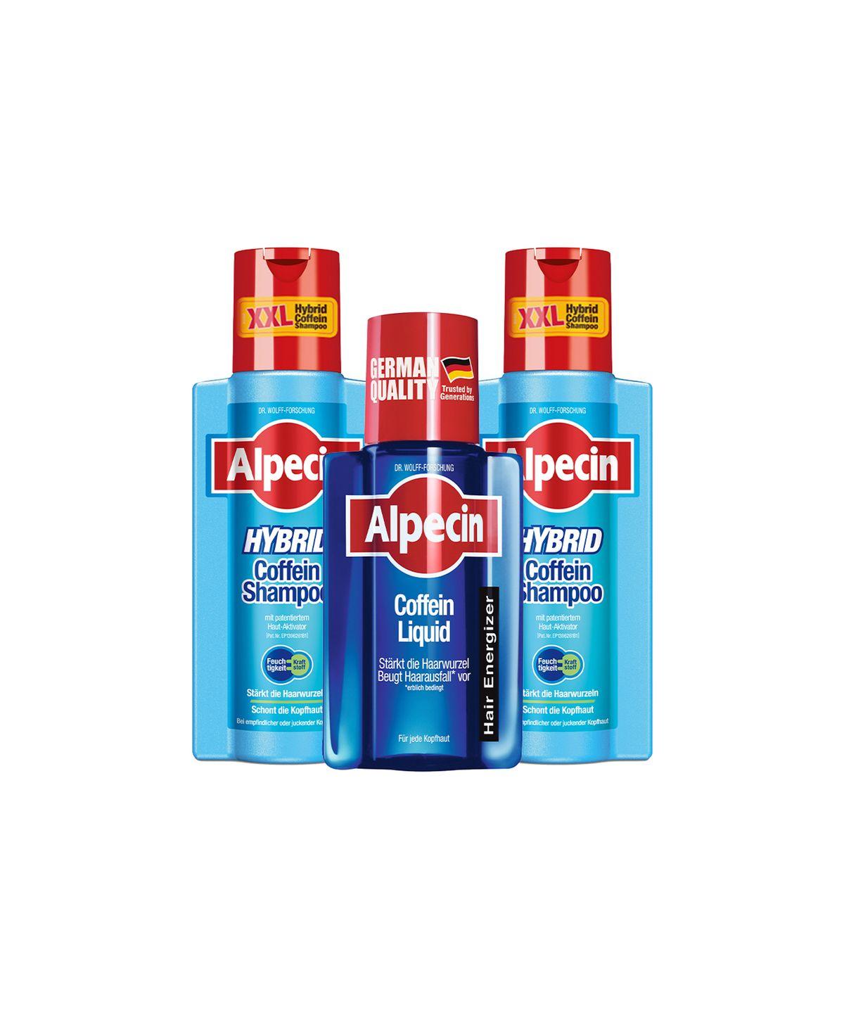 Alpecin Hybrid Caffeine Shampoo (for dry scalp) 375ml x 2 + Liquid Hair Tonic 200ml