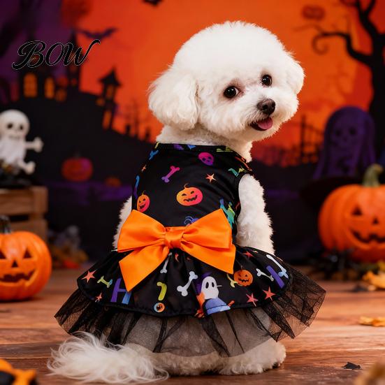 Puppy Dress Halloween Dog Tulle with Bow, Skull Print Pet Outfit, Girl Party Costume for Small Dogs Cats Comfortable Clothing