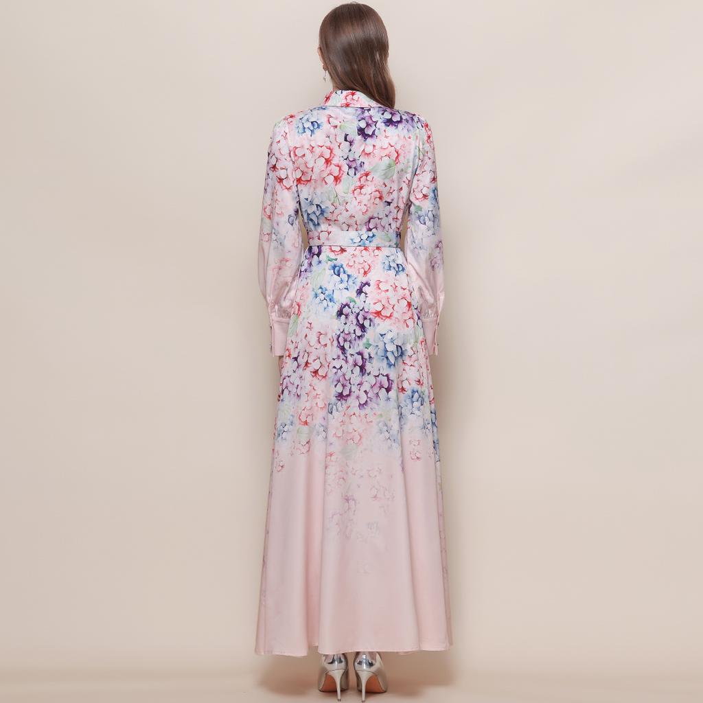 Vintage Style Color-Blocked Floral Print Turn Down Collar Shirt Dress for Women Spring 2026 Fashion Tie-Waist Single-Button Long Maxi Dress