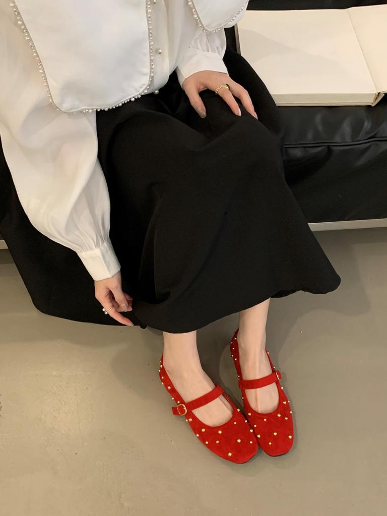 THEDOUDOU Xiaoxiangfeng willow nails square head with Mary Jane shoes 2025 spring new retro flat shoes