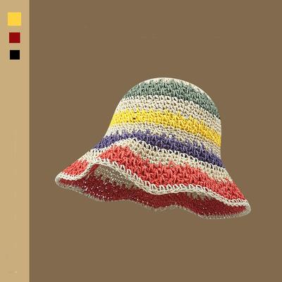 Rainbow Handmade Straw Fisherman's Hat Children Summer Small Fresh Seaside Vacation Sunshade Sunscreen Hat Basin Hat Show Small Face