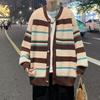 Hong Kong Style Japanese Retro Stripe Cardigan - Men's Autumn Loose Color-Block Knit Sweater