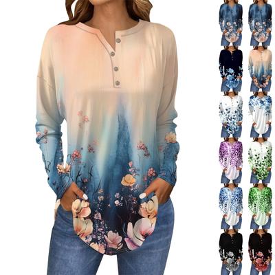 T-Shirts für Damen Herbst Lässig Langarm Hemden mit Knöpfen Sweatshirt Vintage Druck Top Pullover