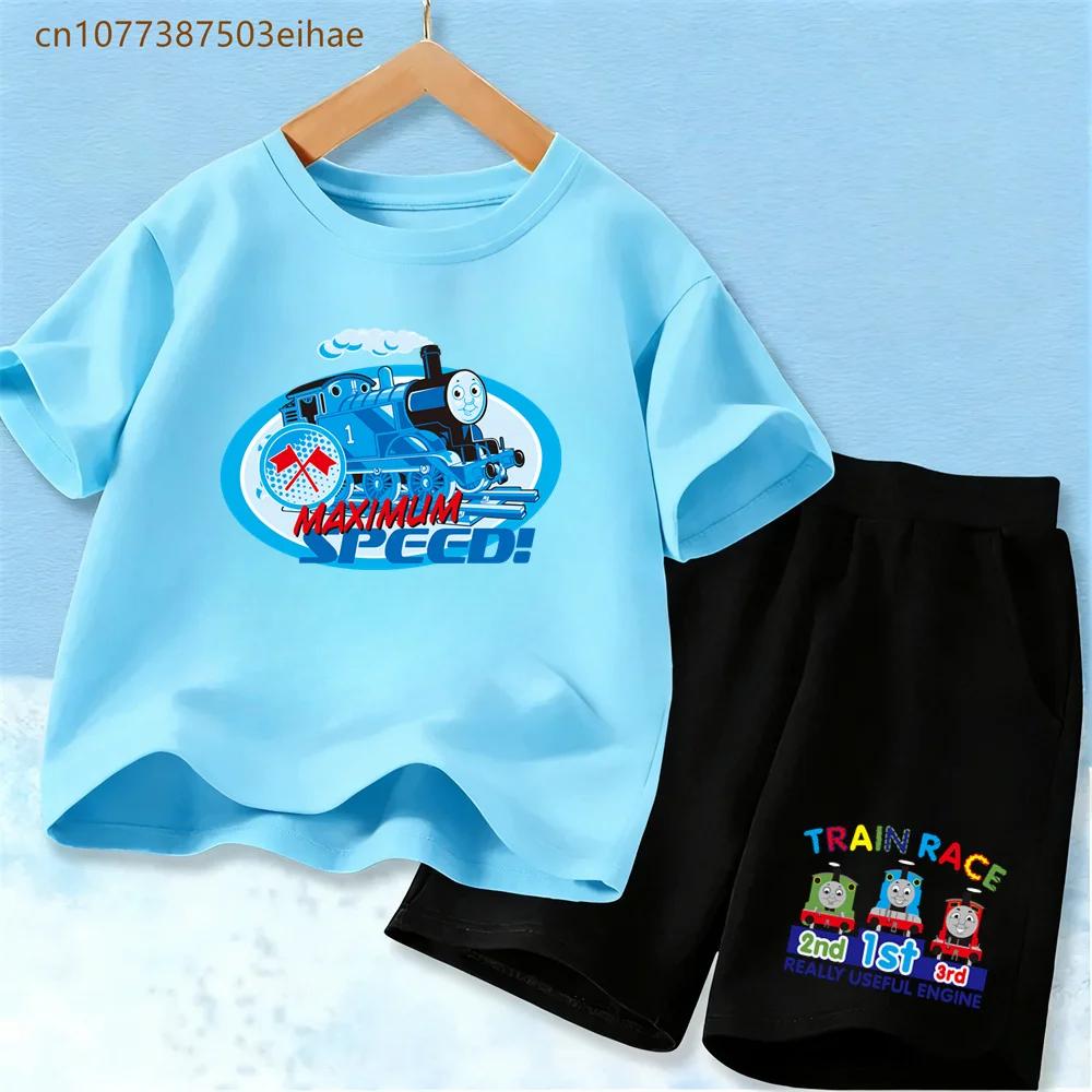 Kids Thomas Train Head Cartoon Summer Set Soft Polyester Short Sleeve T-shirt Match Breathable Shorts 2Pcs Casual Comfortable