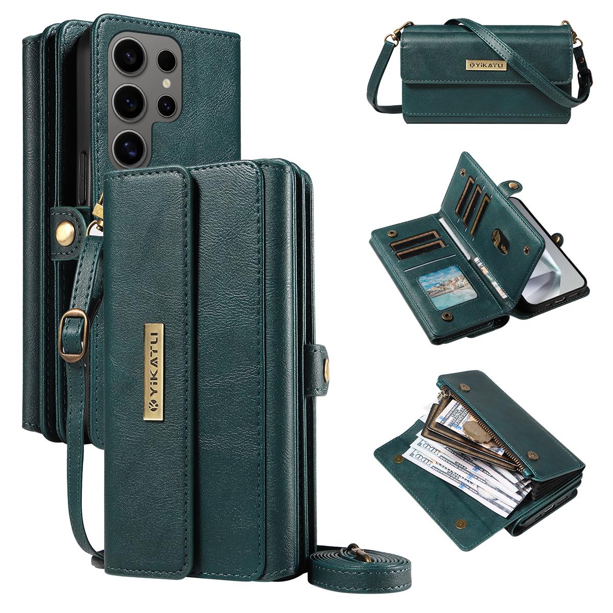 

For Samsung Galaxy S24 Ultra Case YIKATU YK-008 Zipper Wallet Leather Phone Cover with Shoulder Strap Green
