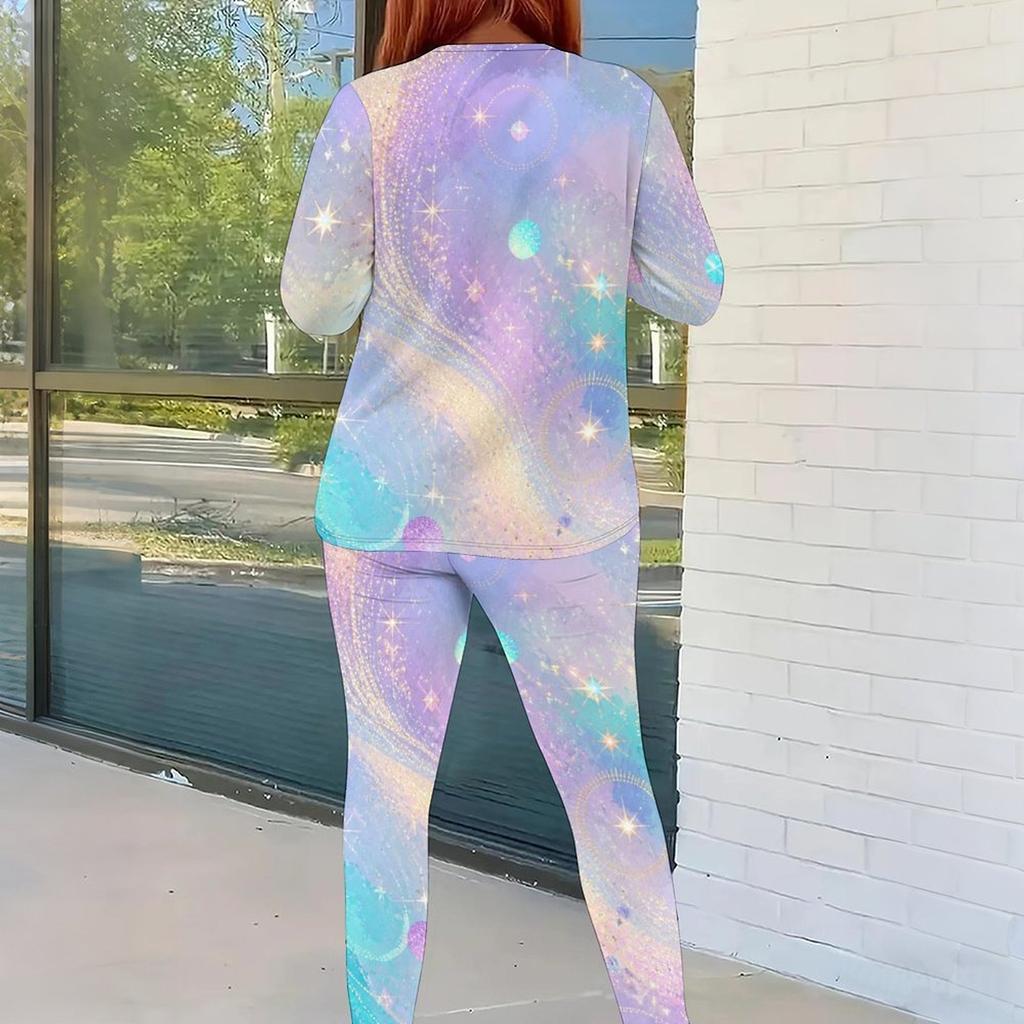 Women Plus Size Printed Round Neck Long Sleeve Top And Fitted Pants Two Piece Set