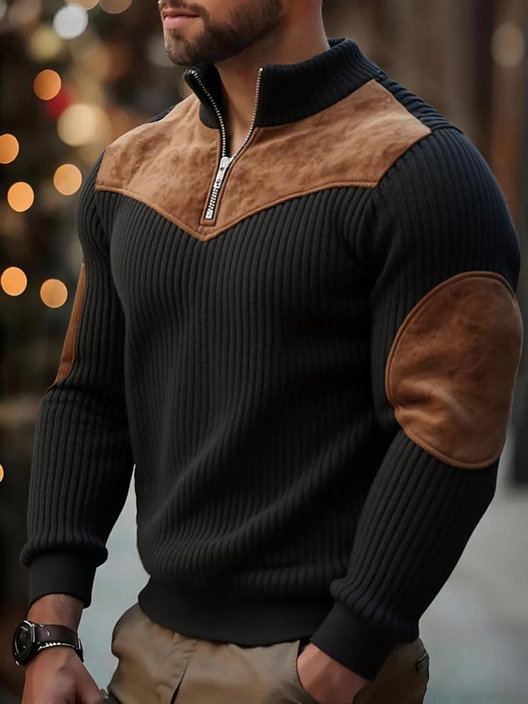 Men's Retro Stand-Up Collar Ribbed Pullover - Half-Zip, Warm Patchwork for Autumn/Winter Christmas Gift