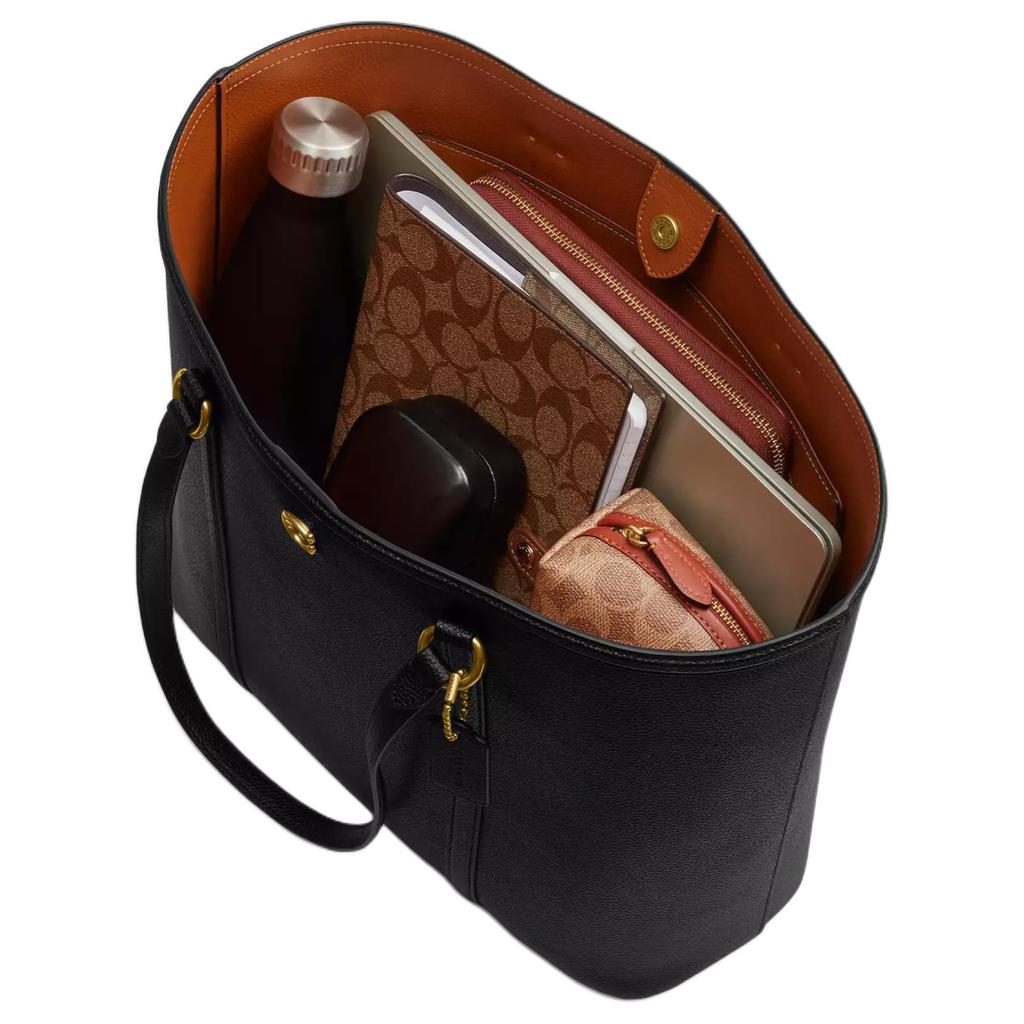 Coach 28 Tote Bag With Metal Logo Snap Closure Polished Pebble Leather Women tote bags Black CU056-B4BK