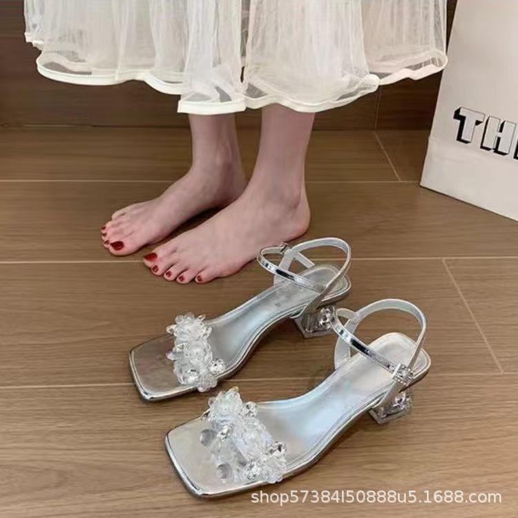 

Summer new sandals women s French temperament fashion rhinestone word with silver thick heel super fairy crystal high heels women 41 срібний