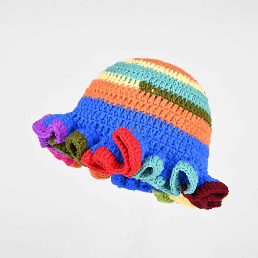 Colorful Crochet Ruffle Bucket Hat Warm Stretch Knit Hat Women's Handmade Beanie Hat All-Season Photoshoots Tool