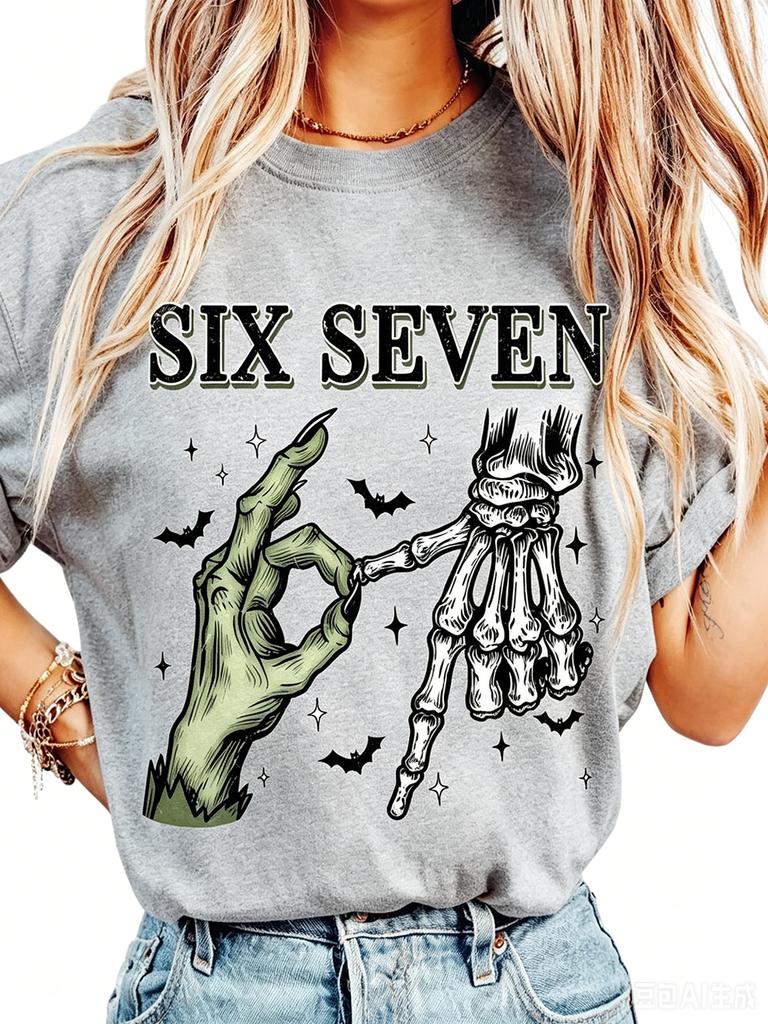 Polyester 100% Women Men Six Seven Skeleton Zombie Hands Graphic T-Shirt Halloween Bat Print Retro Short Sleeve Casual Tee