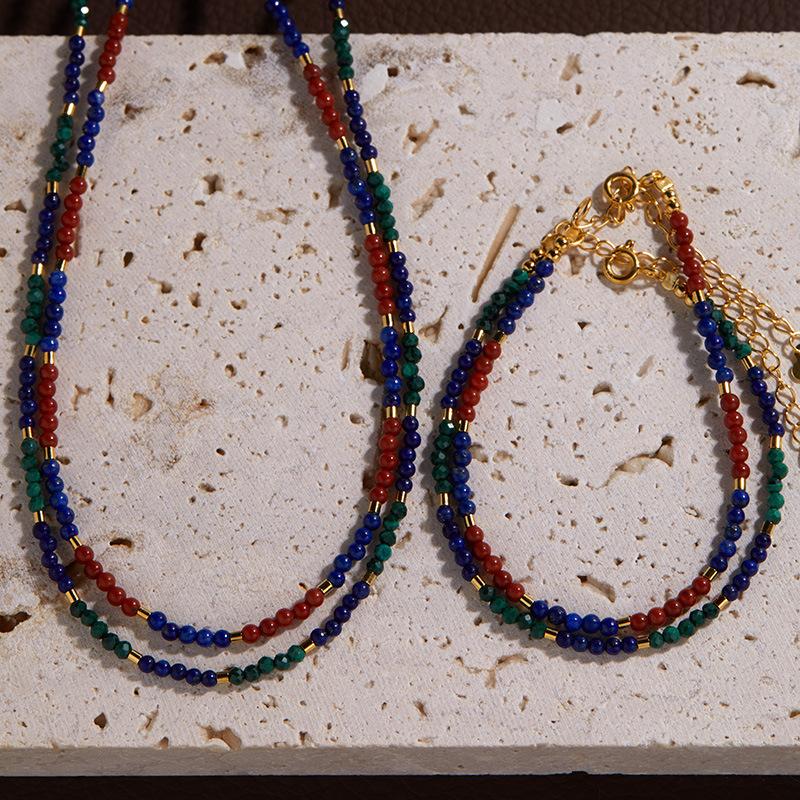 S925 Sterling Silver Natural Blue Gold Malachite Nanhong Agate Color Treasure Necklace Female Personality Color Handmade Beaded Versatile