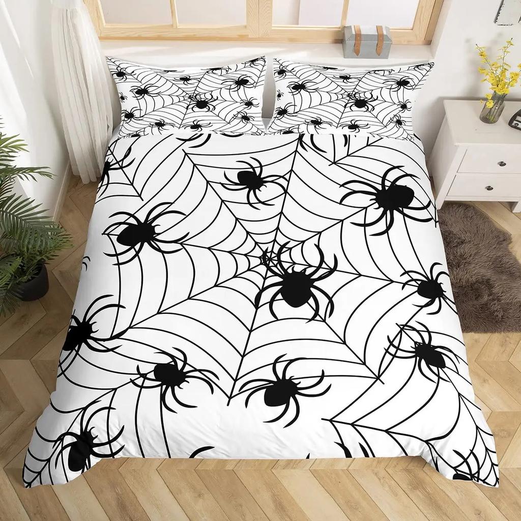 Spider Web Duvet Cover Set Halloween Spider Bedding Sets Boys Girls Black White Comforter Cover Trick Or Treat Quilt Cover Set