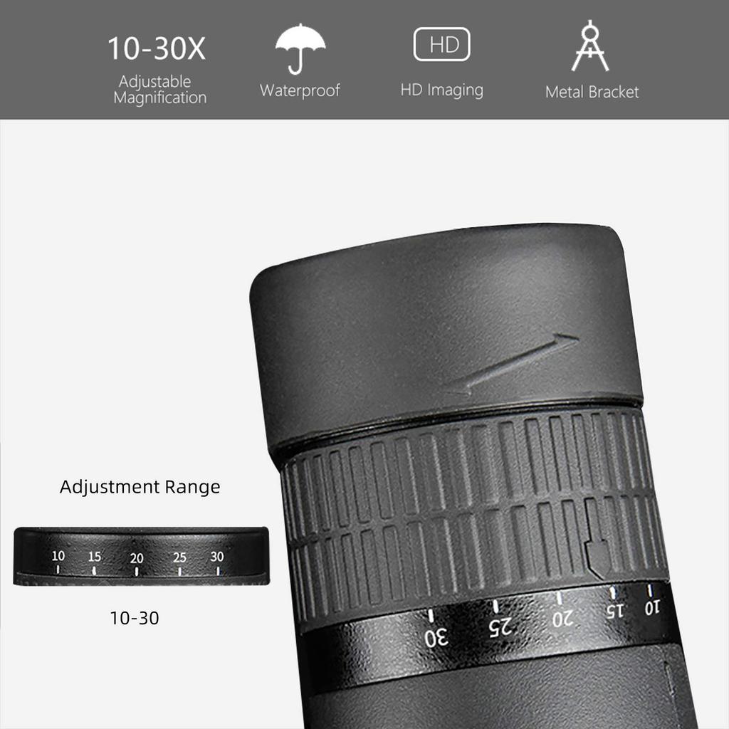 10-30x50 High Power Monocular Telescope Adjustable Magnification with Smartphone Holder Tripod FMC Coating BAK4 Prism Waterproof and Anti-fogging