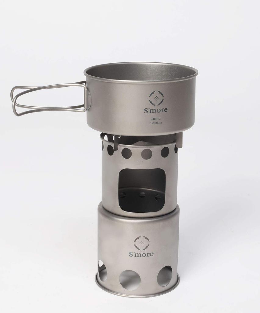 S'more Titanium Chimney Camping Stove, Fire Pit, Campfire, Solo Camping, Cookware, Outdoor Chimney, Compact, with Charcoal Opening