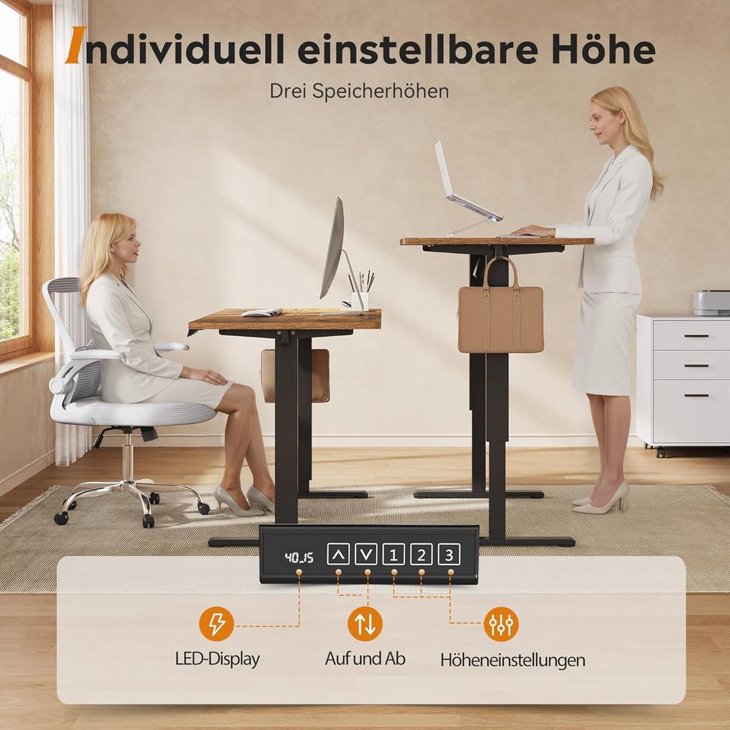 DEVAISE Height-Adjustable Desk 160×70 cm, Quiet Motor with 3 Height Memory Settings, Adjustment Range 72–118 cm, Ergonomic Sit-Stand Desk for Office