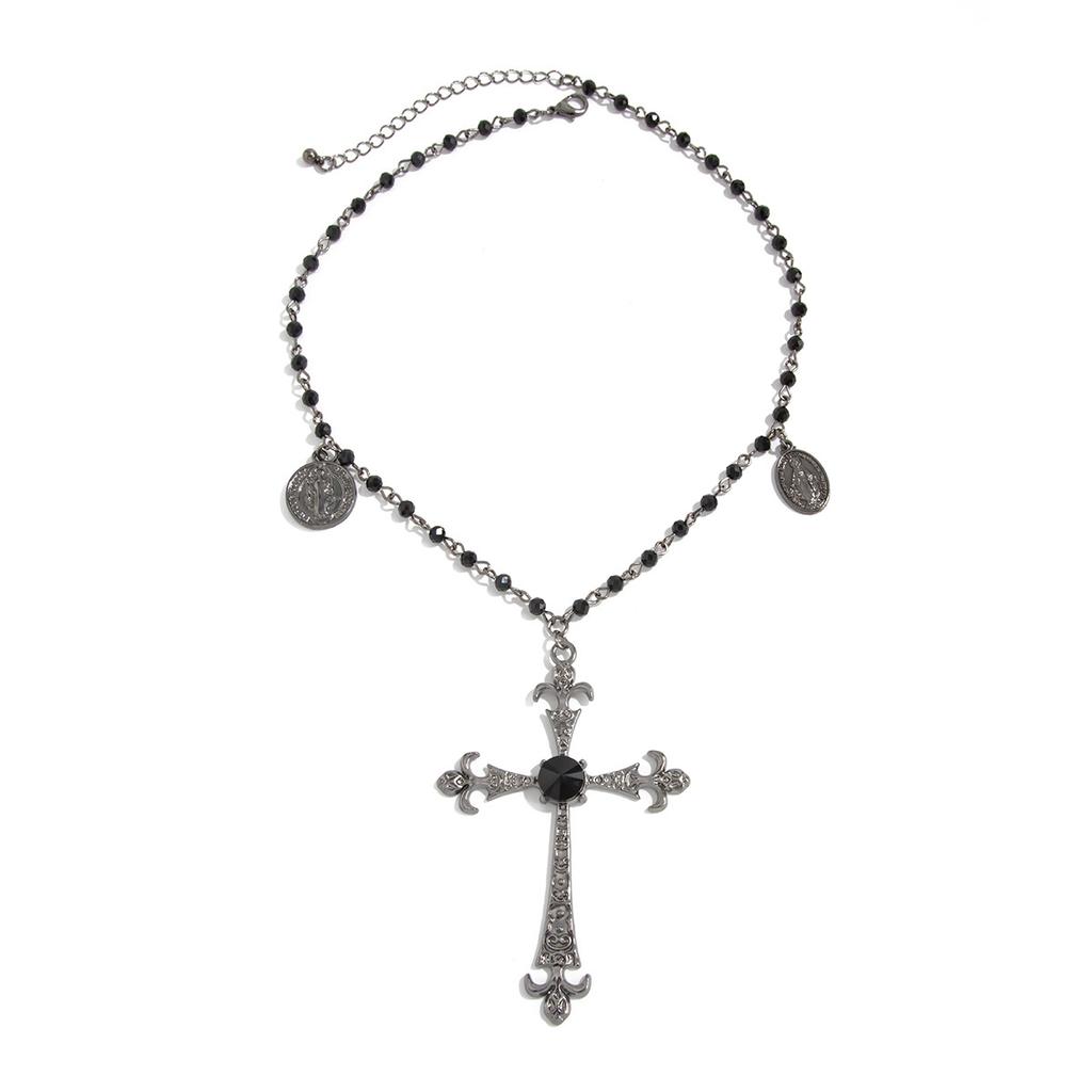 Dark Gothic Cross Tag Necklace, Halloween Imitation Crystal Chain Collarbone Necklace