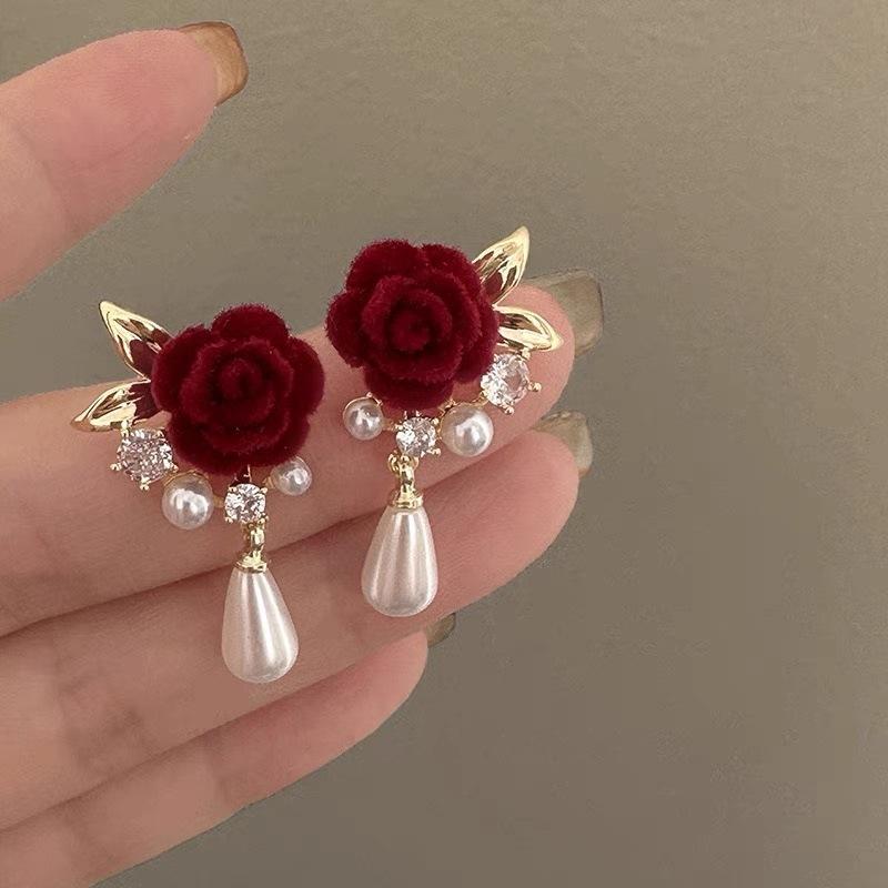 

Velvet Rose Flower Earrings with Faux Pearl Drops and Crystal Accents Gold Tone Metal Leaf Design for Women Accessories