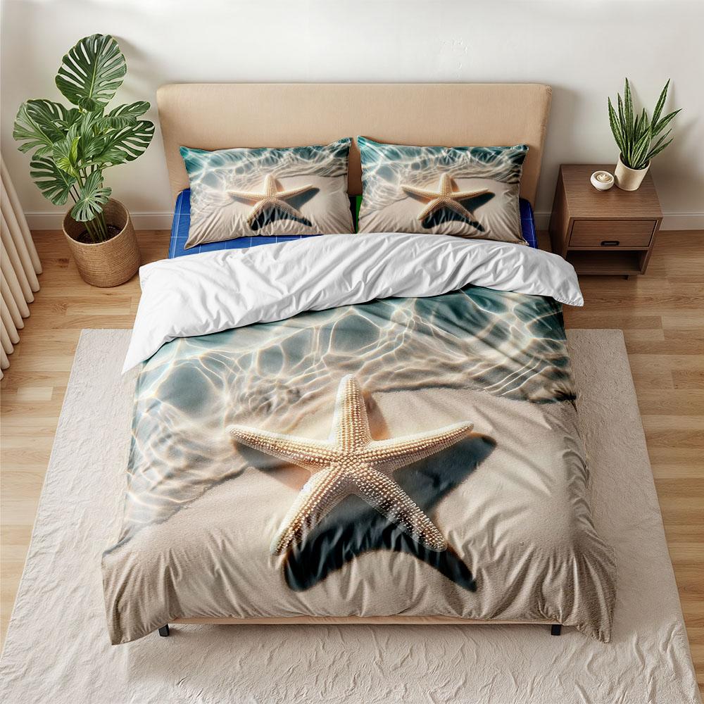 Starfish Seashell Beige Tropical Beach Ocean Duvet Cover Set Single Twin Double Queen King Cal King Size Bed Linen Set