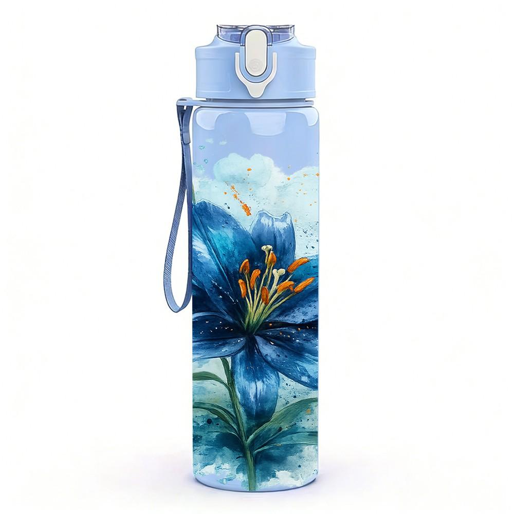 1PC Blue Poppy Watercolor Flower Pattern 750ml Color Plastic Sports Water Bottle Leakproof Flip Straw Lid Suitable for Sports Office Home Use