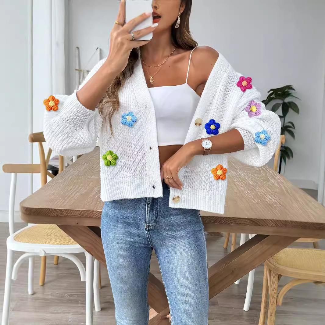 

Женский свитер большого размера, кардиган, осень и зима, ручная вязка крючком, цветок, сращивание, короткая куртка на пуговицах, свитер, кардиган XL белый