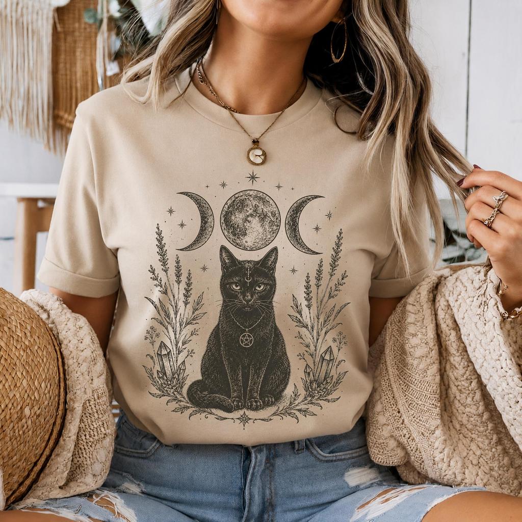 Black Cat Witch Familiar Shirt: Triple Moon Tee Wicthy Gift | Witchcraft Tee | Pagan Gothic Cat T Shirt | Witchcore Fashion