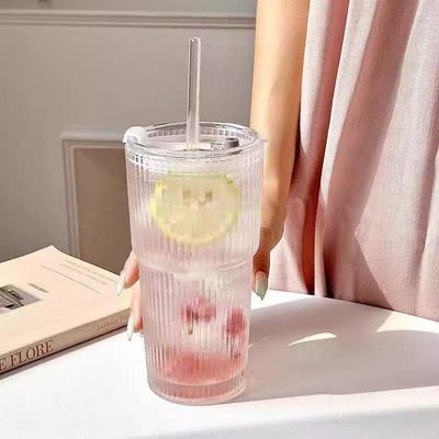 Large Capacity Vertical Stripe Glass Cup with Lid & Straw