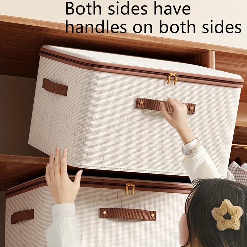 Foldable Linen Storage Box with Double Zippers And Faux Leather Handles,Large Capacity Under-Bed Storage Basket with Lid