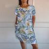 Women's Spring and Summer Casual Printing Round Neck Pocket Beach Skirt Dress
