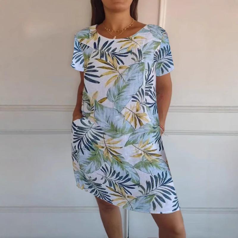 

Women s Spring and Summer Casual Printing Round Neck Pocket Beach Skirt Dress XL