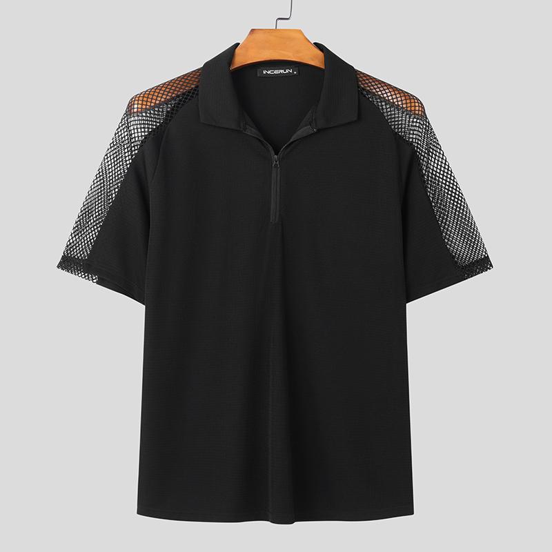 

INCERUN Summer Men Zip-up Neck Short Sleeve Mesh Hollow Patchwork Casual T-shirts M чёрный