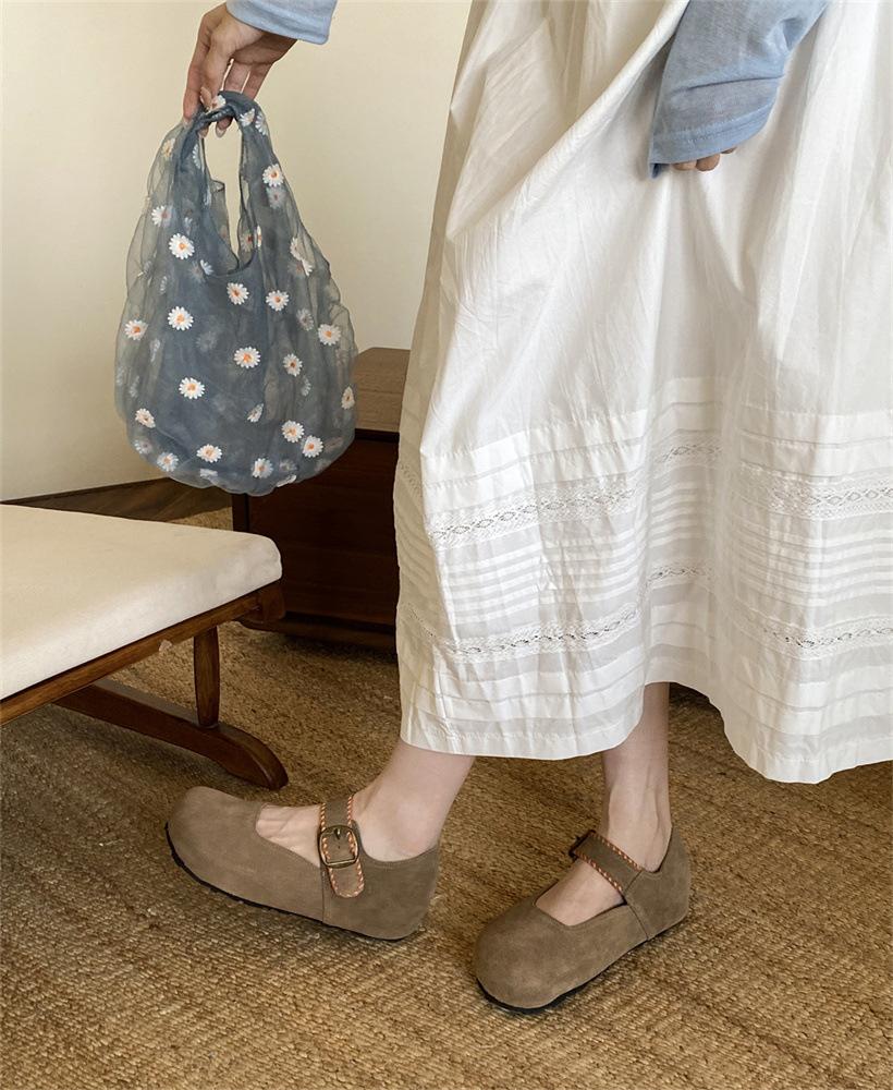 

Real cowhide round head Mary Jane shoes one pedal retro Boken shoes 2025 one word with flat bottom bag head single shoes women 40 верблюд