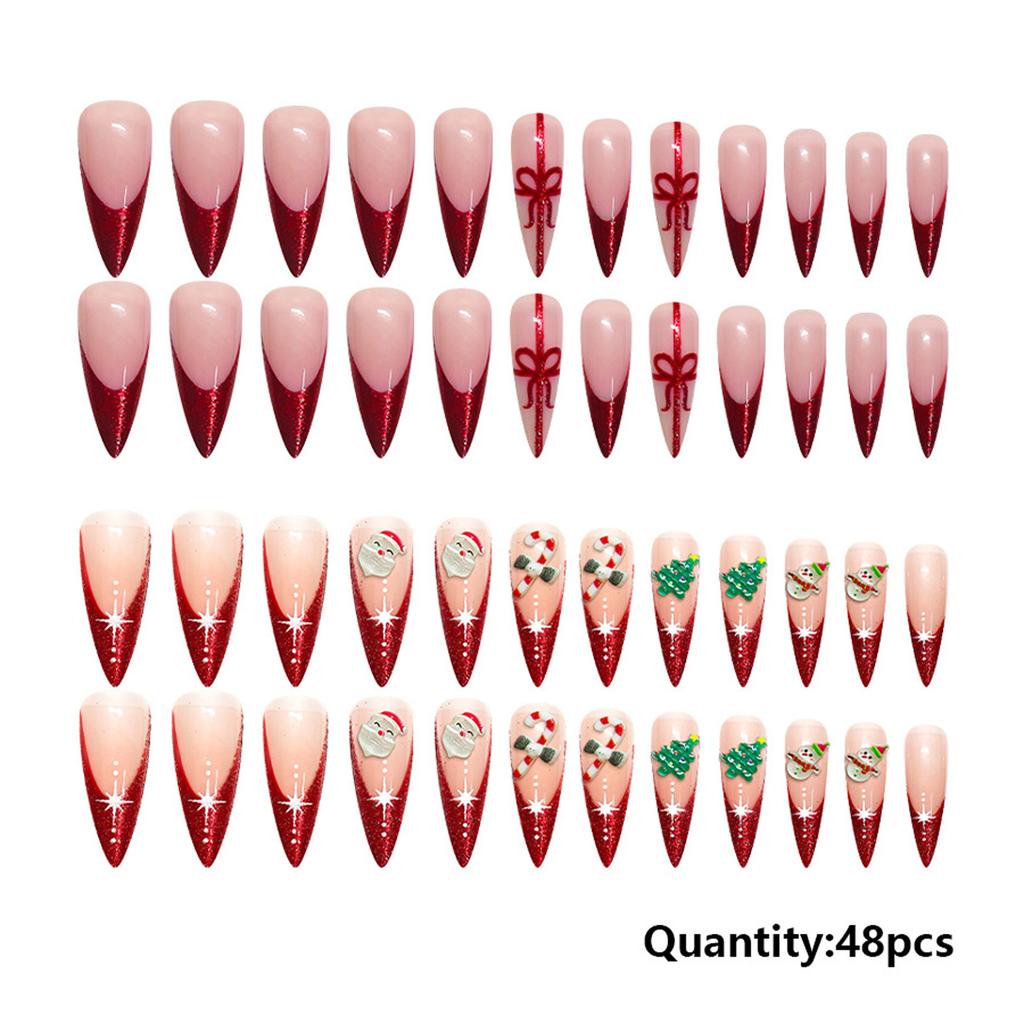 Elegant French Tip Glitters Press On Nail 48PCS Set Long Coffin Shape Snowman Christmas Theme Artificial Nail For Gift