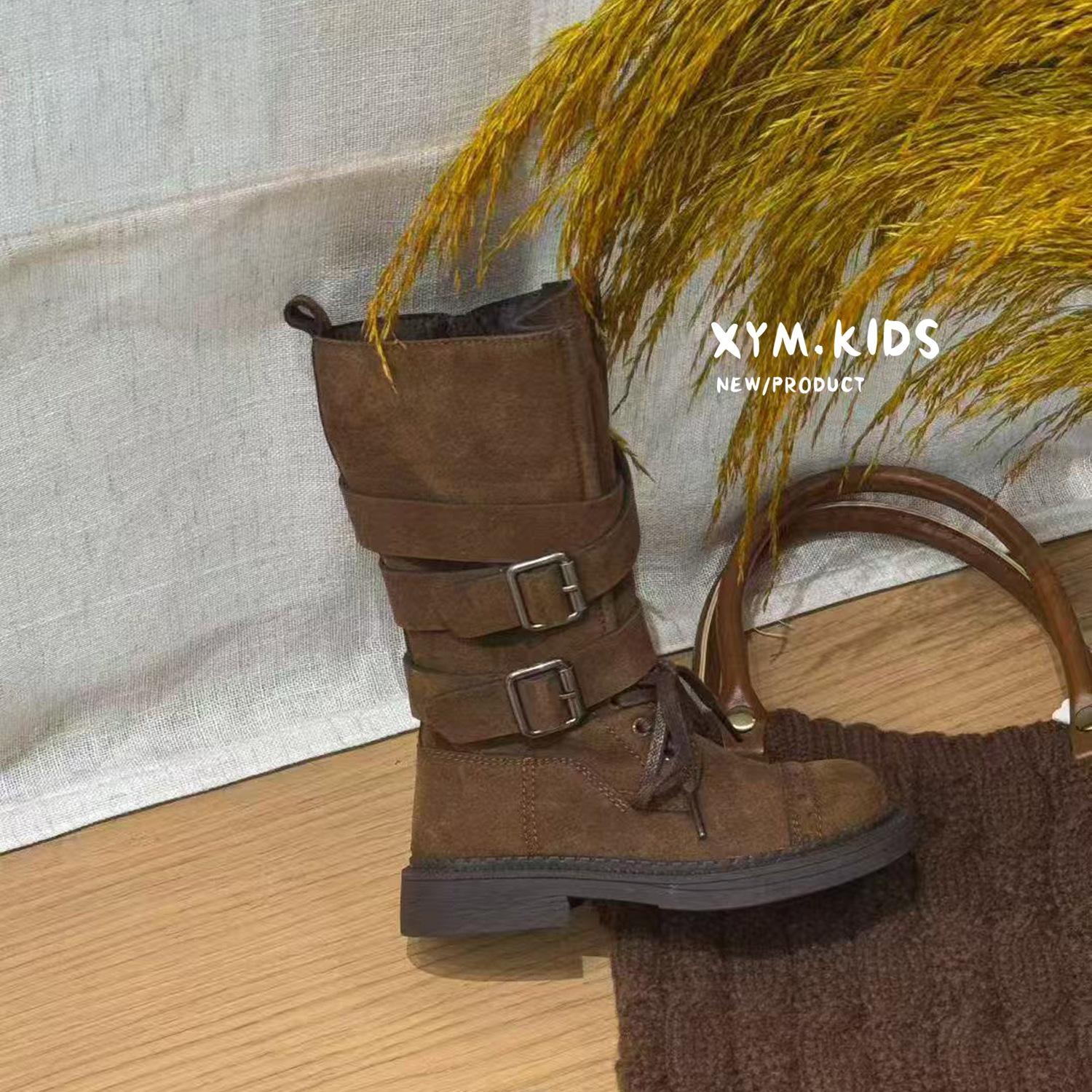 

Girls high boots 2025 autumn new children s retro British style boots double leather buckle girls leather knight boots 26-30 yards whole hand 5 pairs starting approval