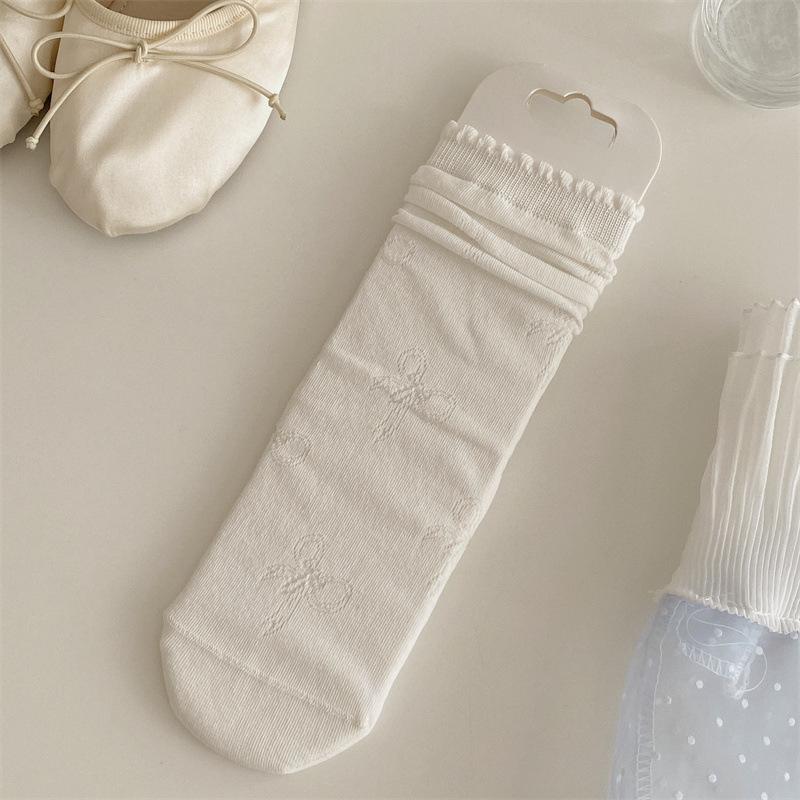 Women's Summer Solid Shade Bow, Bubble Rim Lace Boneless Pile Cotton Socks