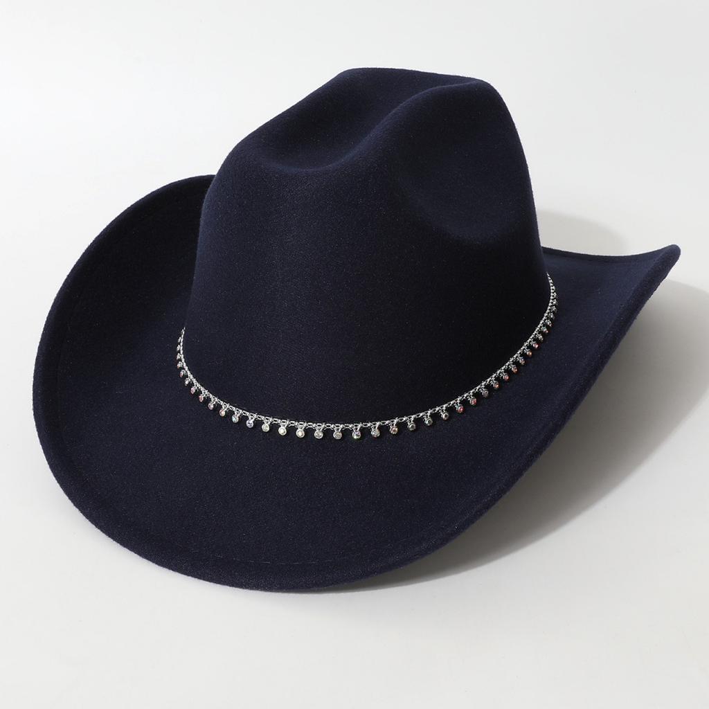 New European and American style flat-top woolen hat, western cowboy hat, unisex hat, equestrian hat with single row of rhinestones