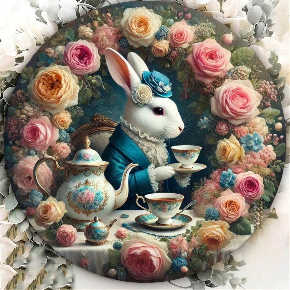 Vintage Rabbit Tea Time Metal Sign, Rustic Round Tin Plate Wall Art Decor for Kitchen Cafe Garden 8x8 Inch