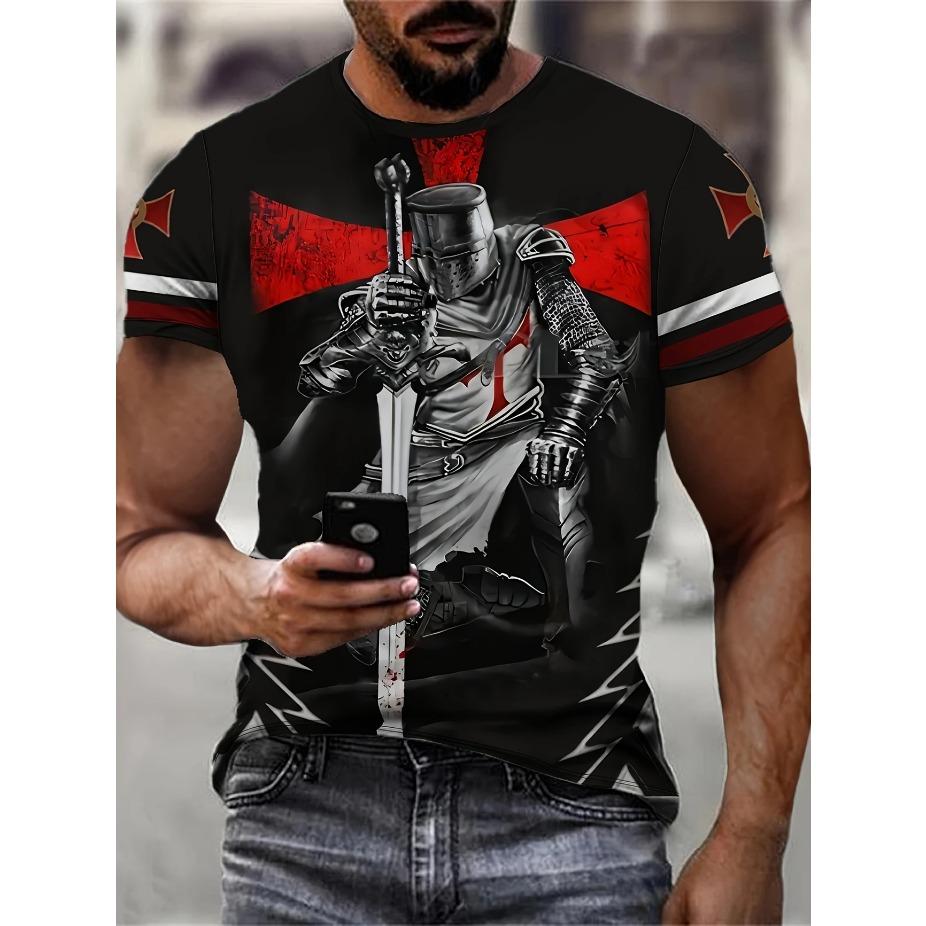 Men'S Fashion 3D Cross Print T-Shirt Casual Crew Neck Short Sleeve Polyester Blend Top with Stretch for Summer Outdoor Activities