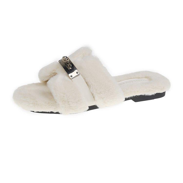 Internet Celebrity Fluffy Slippers Women Wear 2024 Autumn and Winter New Thick Bottom One-word Drag Small Fragrant Style Plush Slippers