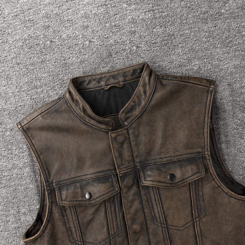 Vintage Motorcycle Vest Genuine Cow Leather Biker Vests Soft Slim Fit Men Genuine Leather Sleeveless Jacket Spring