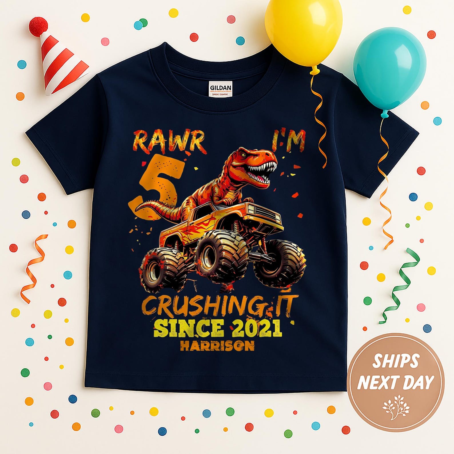 Dinosaur Monster Truck Birthday Shirt For Boys, Rawr I’m Crushing It 5th Birthday Tee, Kids Party T-Shirt With Personalized Name 140