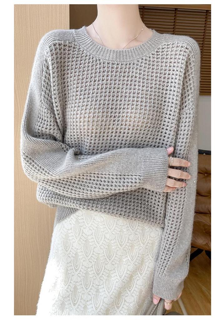 Women's 100% Wool Knit Sweater - Round Neck, Versatile Slimming Style, Cashmere Pullover, Cardigan Base Layer