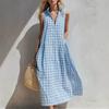 Women's Sleeveless Button Front Shirt Dress with Collar Loose Fit Blue Checkered A Line Dress