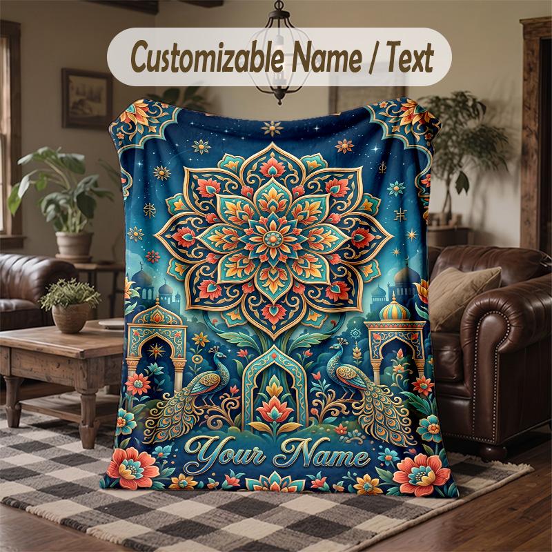 Colorful Floral Mandala Theme Throw Blanket Custom Name Text Personalized Blanket Soft Cozy Blanket for Home Sofa Bed