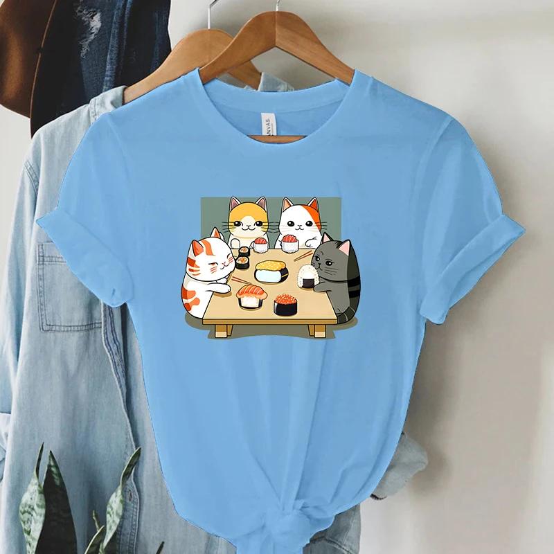 Cat Party Kawaii T Shirt Women Summer Tops Sushi Graphic T Shirts Casual Fashion Tee Shirt Trendy Korean Streetwear Y2k Tees