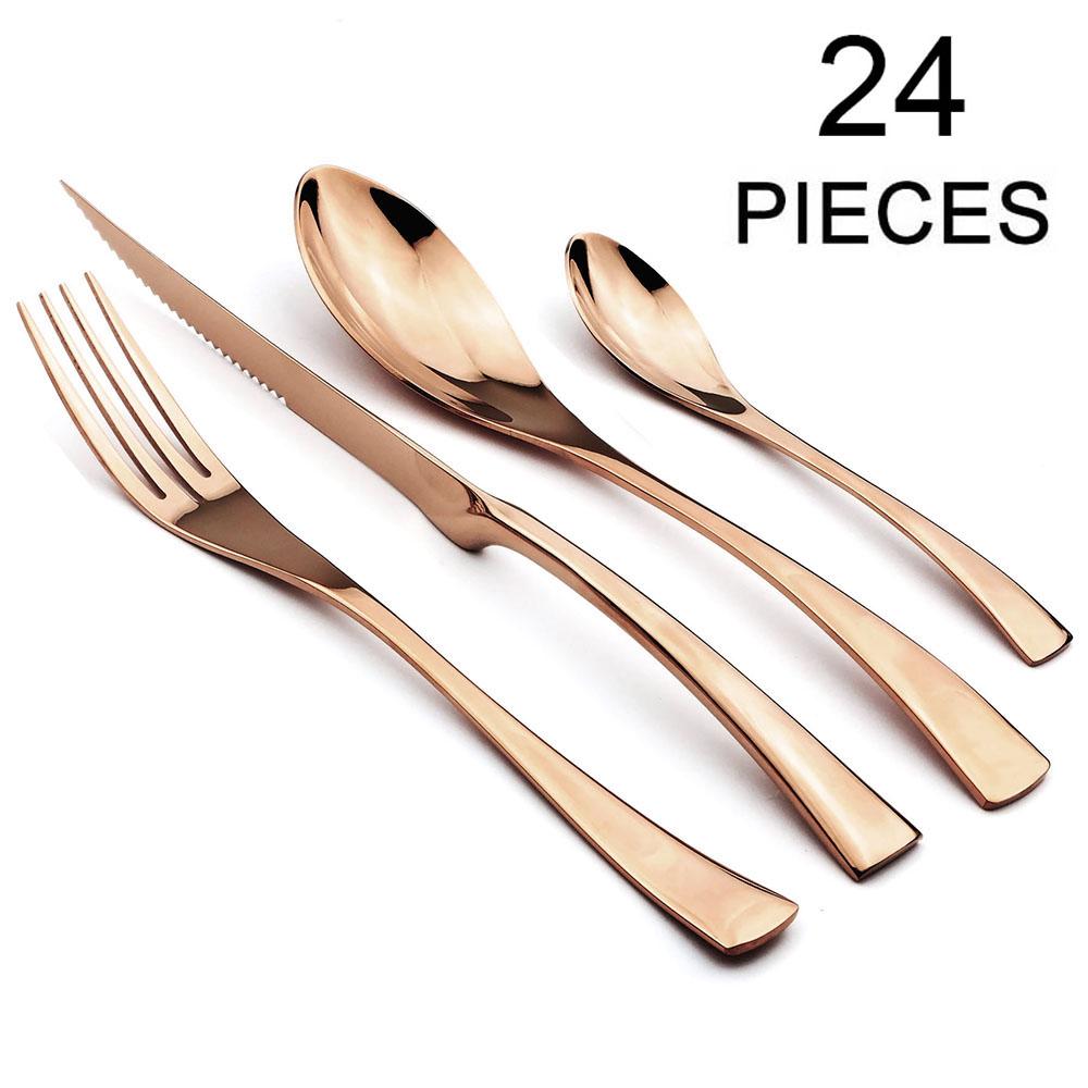 Food Tableware 24Pcs Rainbow Dinnerware 18/10 Stainless Steel Flatware Set Steak Knife Fork Spoon Teaspoon Cutlery Set